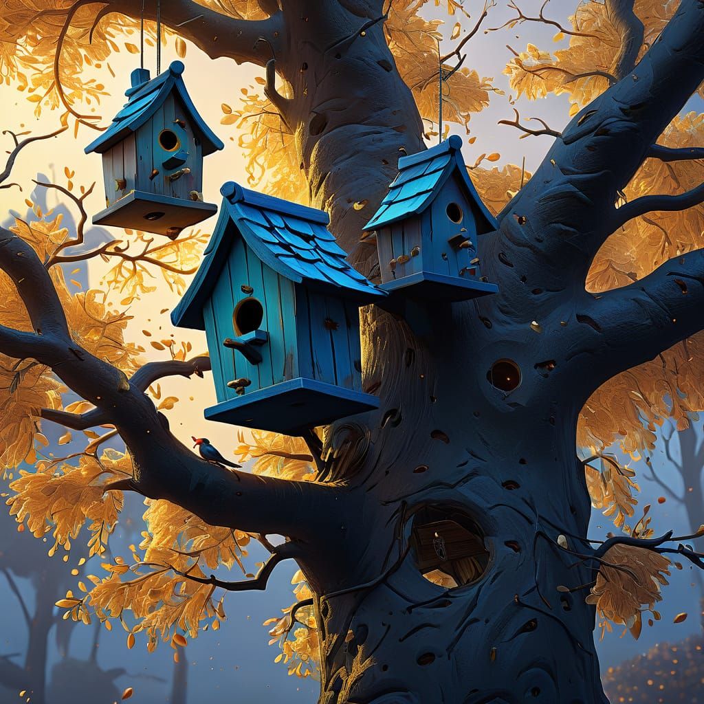 Bird houses detailed matte painting, deep color, fantastical, intricate detail, splash screen, complementary ...  by @Blakewerth