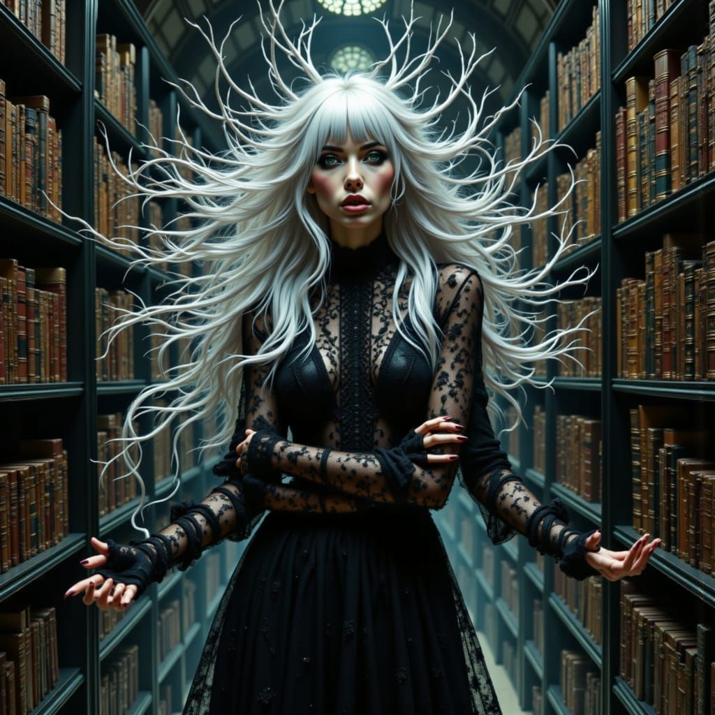 Imagine a gothic library filled with enchanted books that whisper secrets to those who listen closely. A mysterious woman with long, flowing...