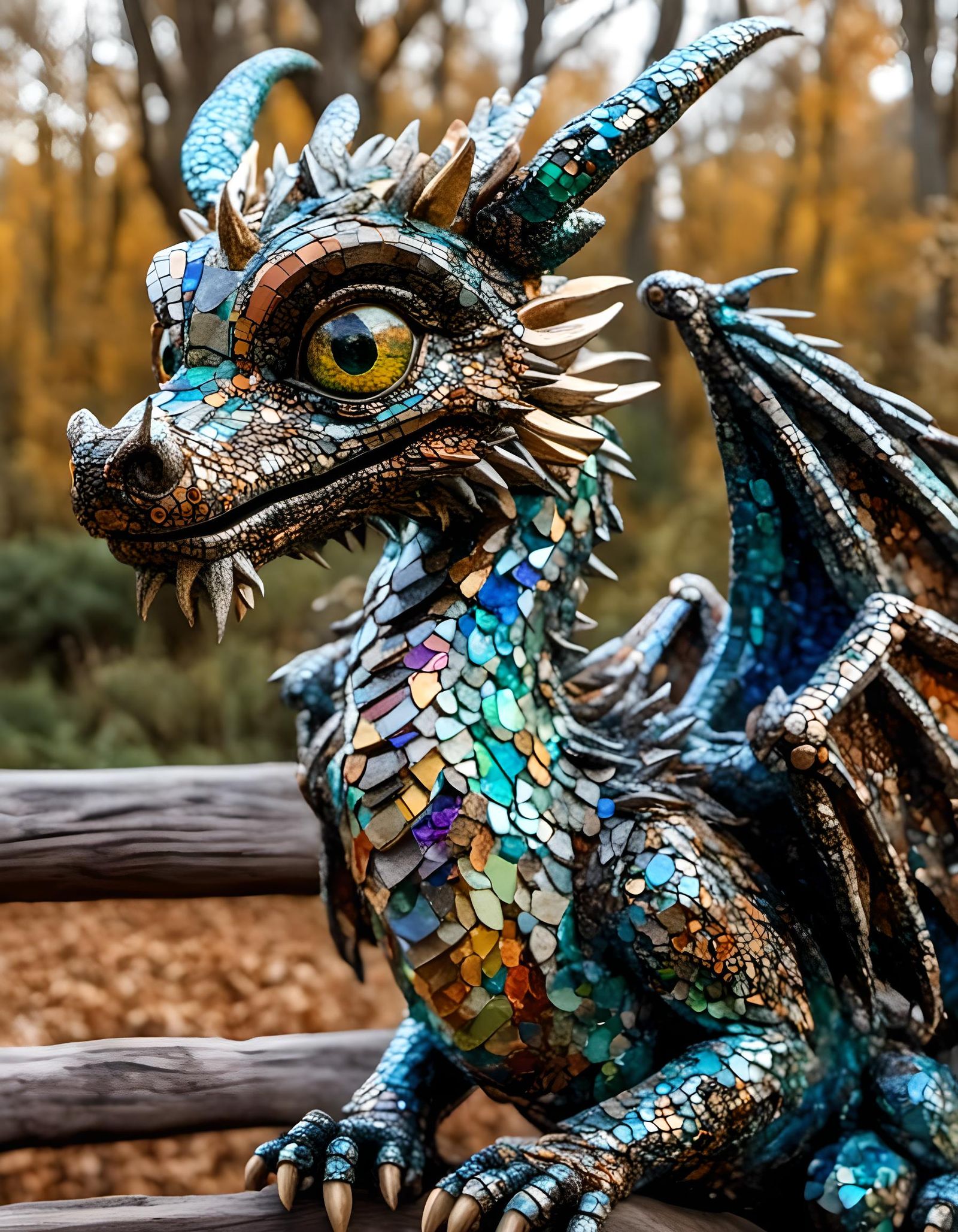 Iridescent Dragon on Fence Post in Mixed Media