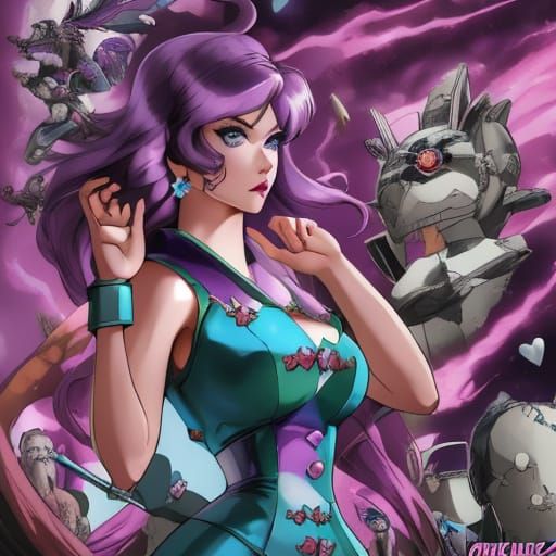 Vintage Retro Pin-Up Queen in Purple Hair Rocket Style