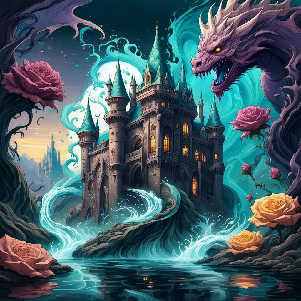Fantasy magic water aqua teal rose castle monster