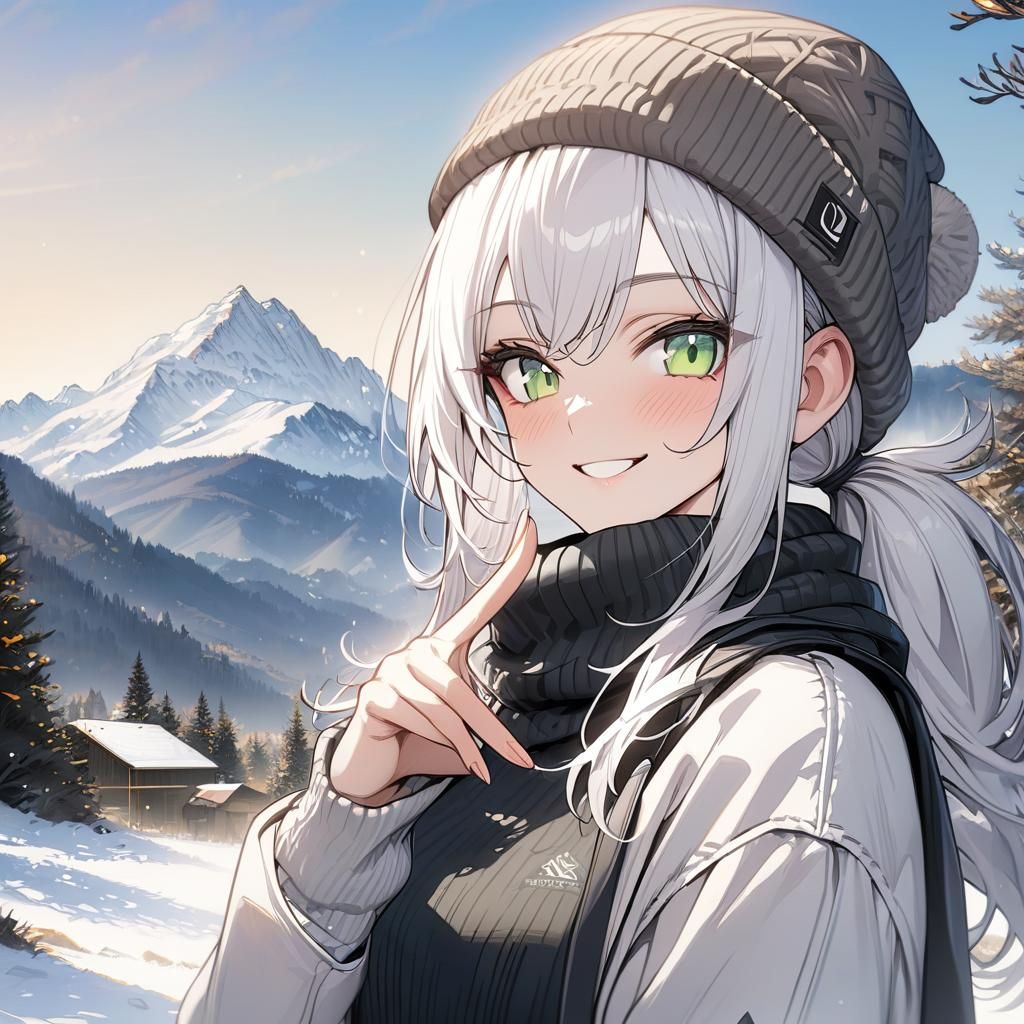 Anime Girl with White Hair and Mountain View