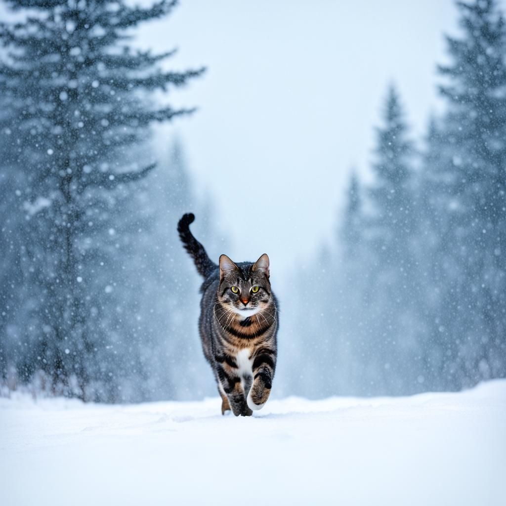 cat walking confidently through a snow storm
