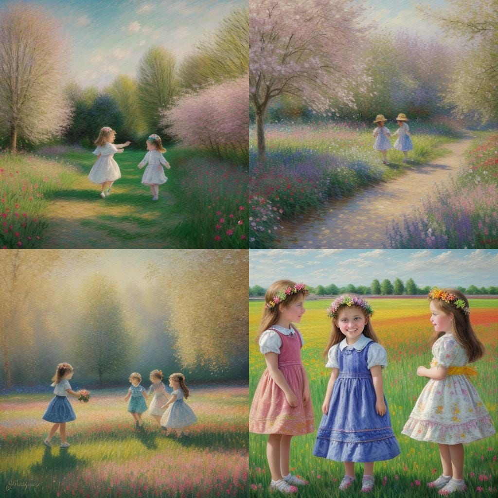 Girls Playing Amongst Flowers in Holland