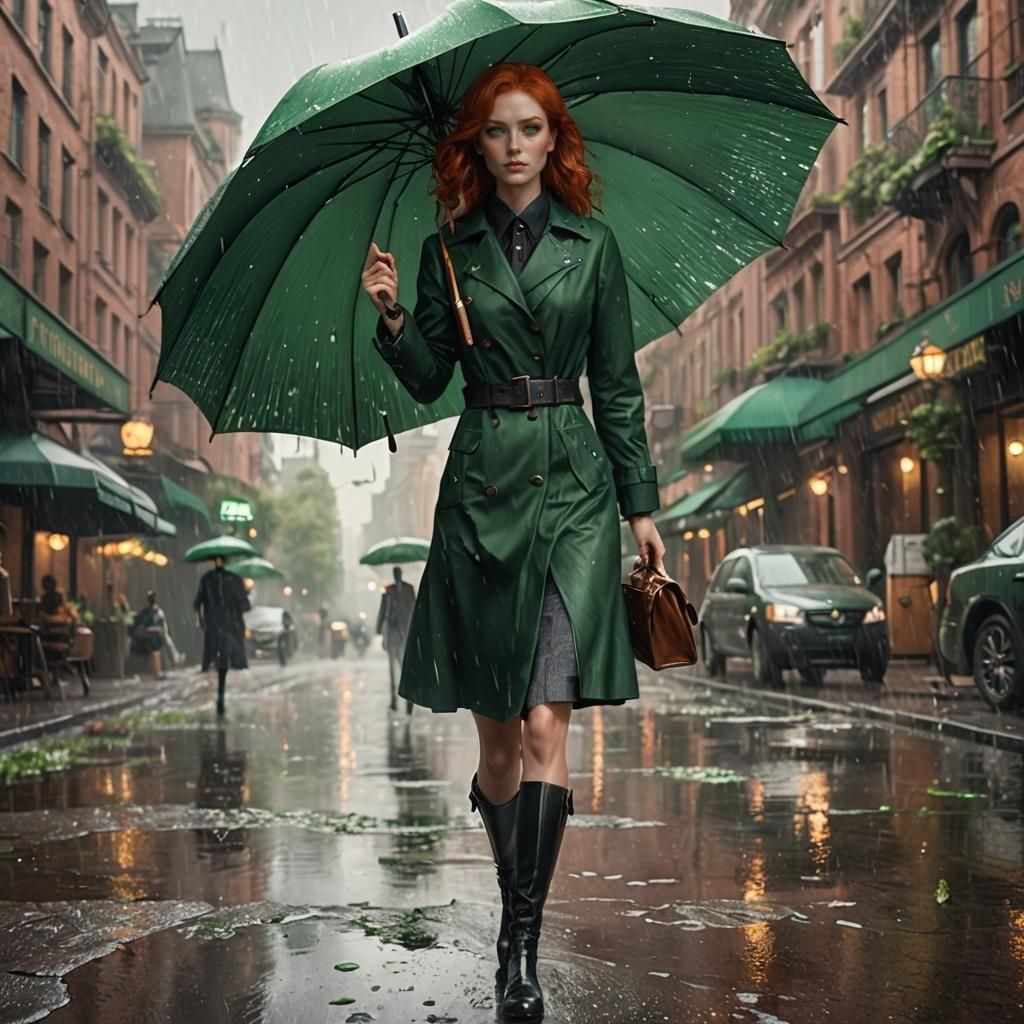 "Redhead girl with emerald green eyes holding a umbrella"