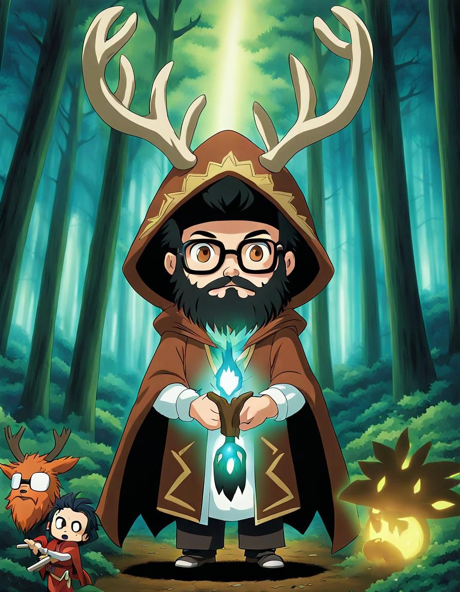 Chibi druid in a antler hood in a glowing teal forest. Black beard ...