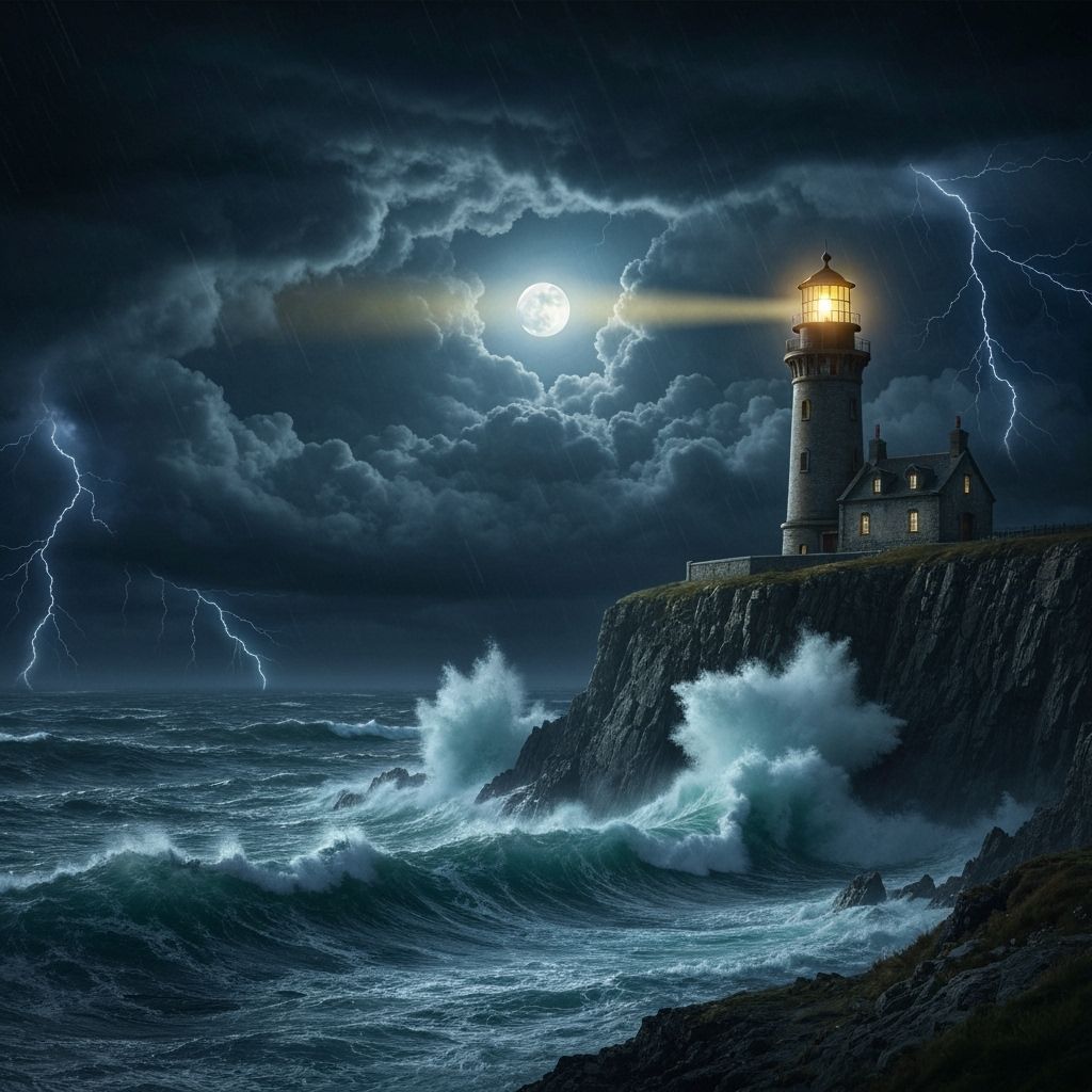 "Ultra-realistic and creative depiction of a mysterious lighthouse on a stormy cliff, waves crashing ...  by @Artimagine