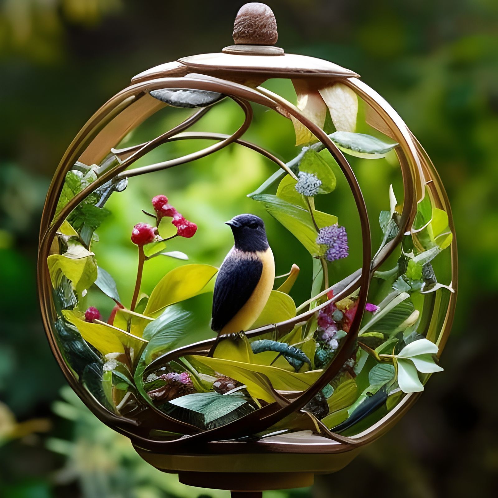 bird in an orb made of wood and leaves and flowers  by @Hani