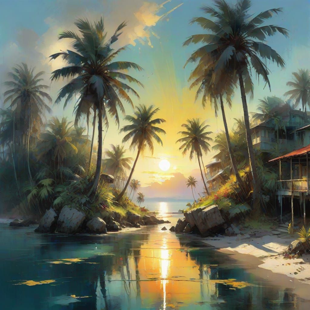 "sunny tropical island with palm trees  by @Mapont