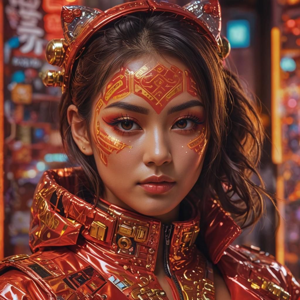 Neon Cyberpunk Woman Portrait in Kawaii Style