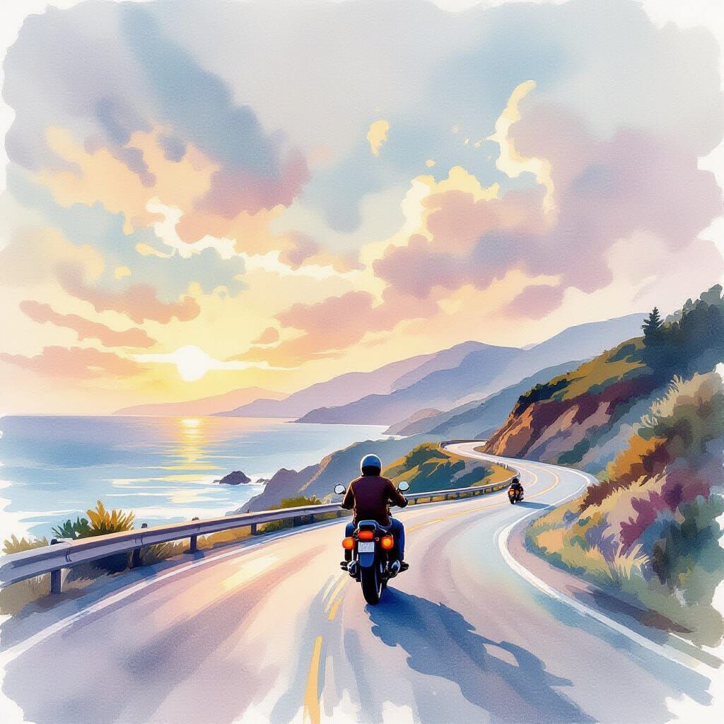 A lone motorcycle rider on a coastal road that winds along a Pacific highway. The sky is a swirl of pastel watercolors, The scene evokes a s...