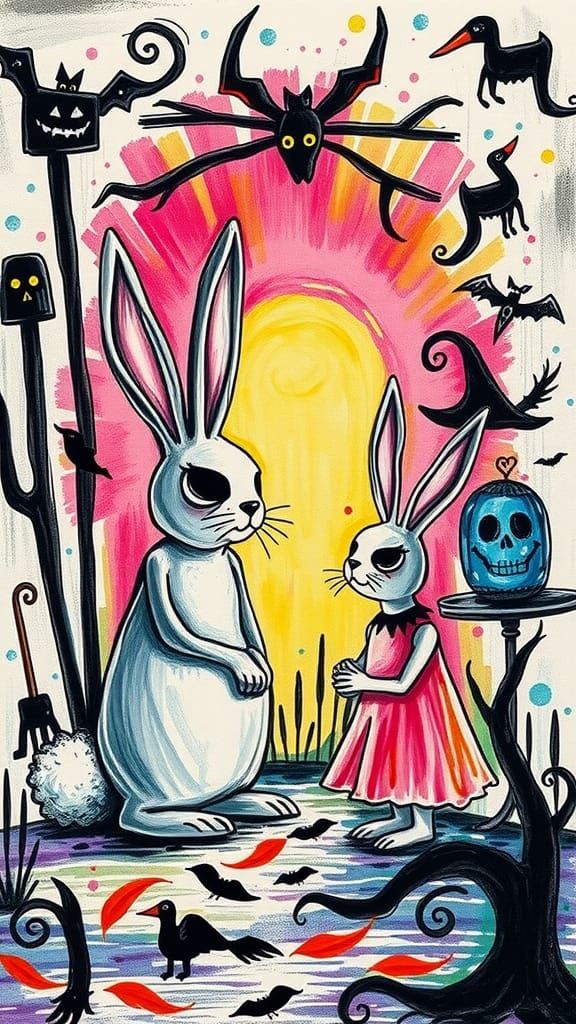 Kids Crayon drawings ,surreal child's drawing  of  bunny fam...