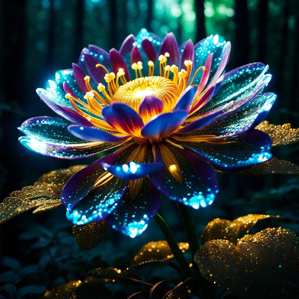 Final render of a highly intricately detailed hyperrealistic shot of a shiny glowing magical filigree alien flower made of sparkling magical...
