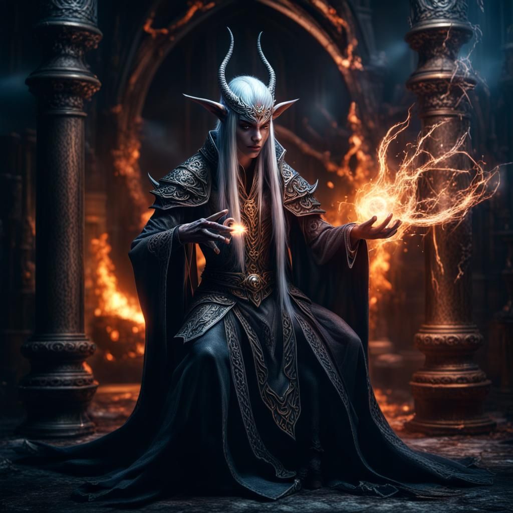 Dark elf wizard with a familiar casting summoning spell   by @Warren Simpson