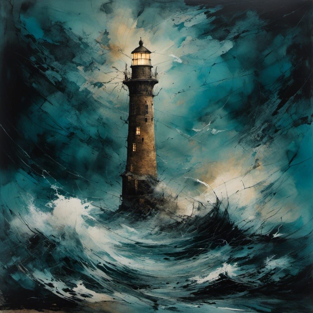 <lora:Woodsplash:1.0> , raging sea, night storm, lighthouse