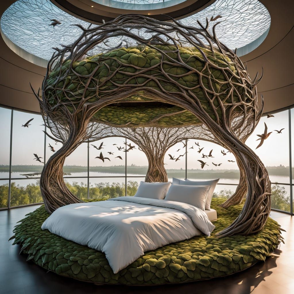 imaginative bed designed in the shape of huge nest, in a hug...