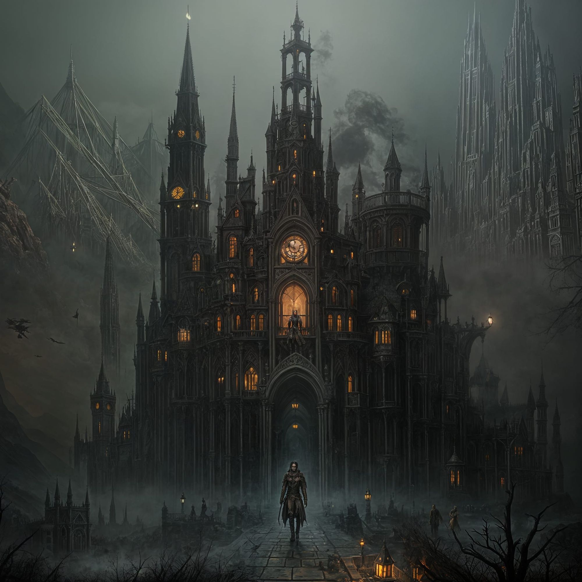 Dark fantasy setting steampunk horror characters.
