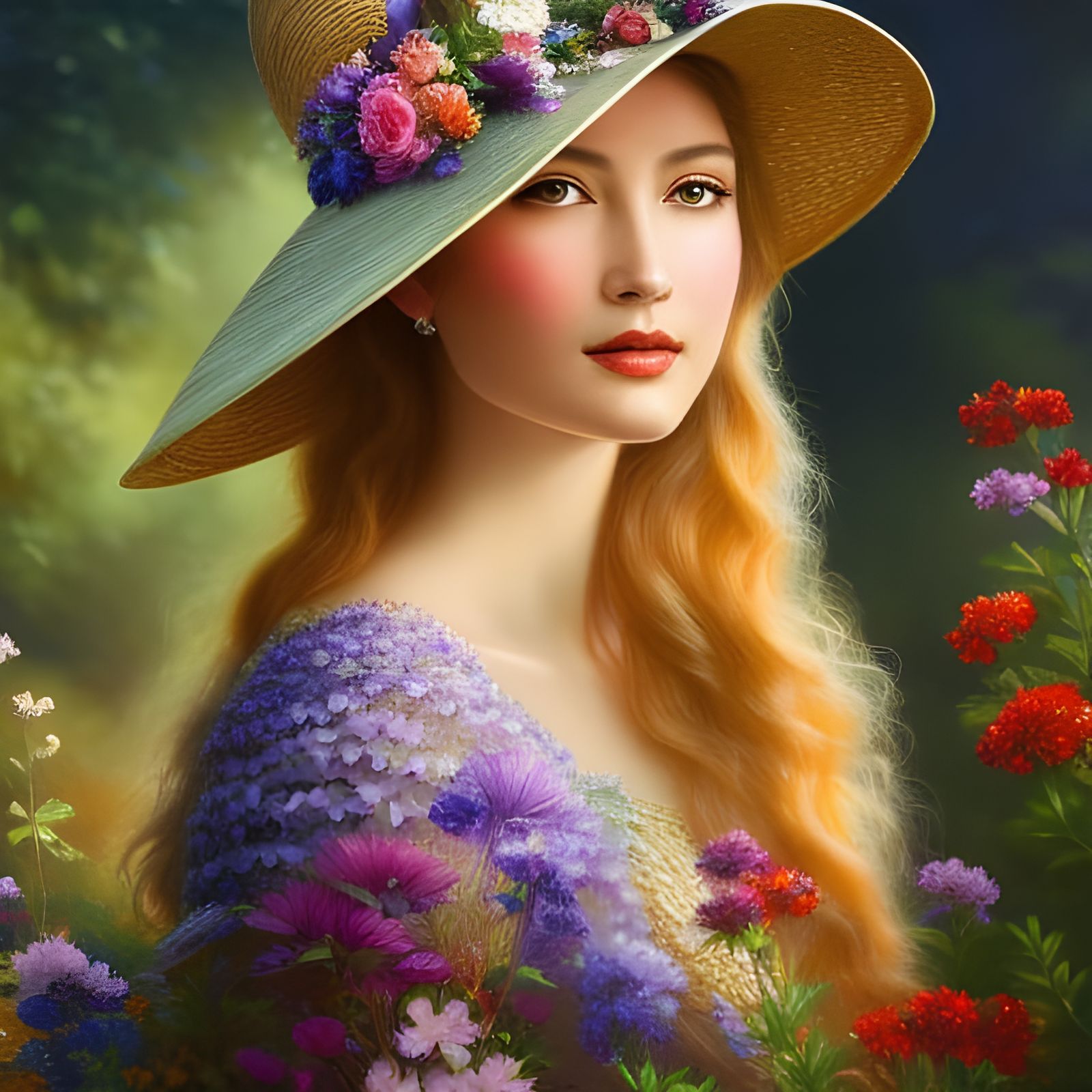 a beautiful woman with a straw hat full of flowers, a girl in a