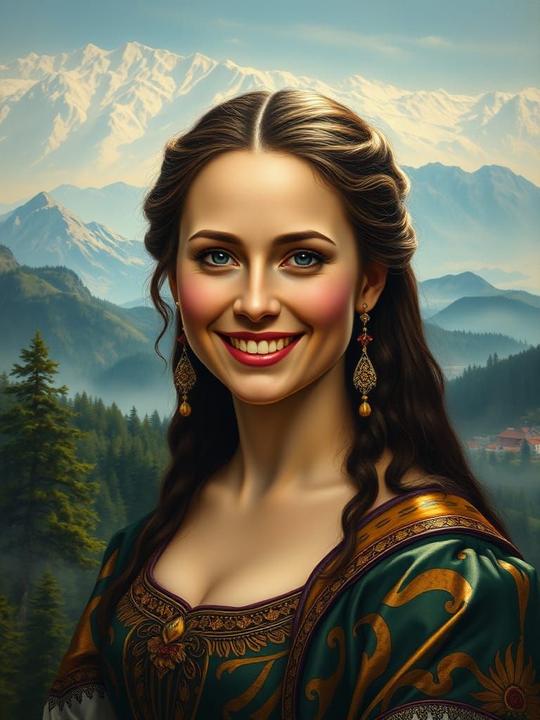 Ethereal 19th Century Woman in Majestic Mountain Landscape