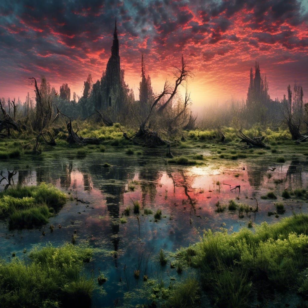 Swamp Landscape photography, by Max Rive, <lora:tdrawCoLa:0.3>