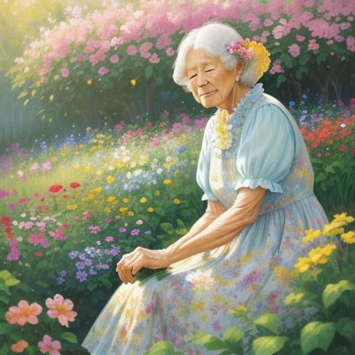 Artistic. Low angle shot. An elderly woman wearing a floral sundress, tending to her vibrant garden. Golden hour lighting. --aspect 1:1