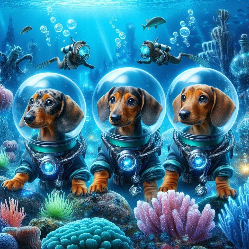 Daschund Trio scubadiving in a fantasyworld