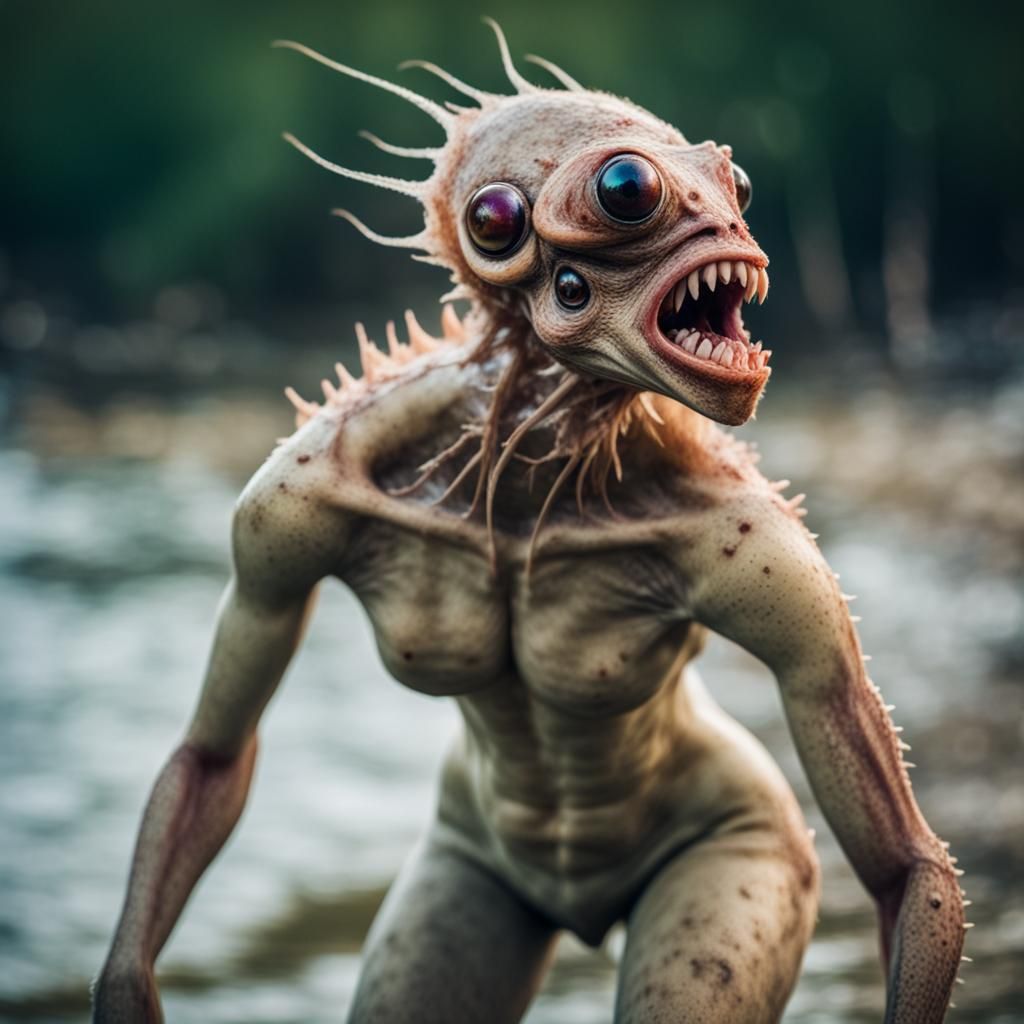 deformed beast mutant hybrid of human woman and mollusk, fer...