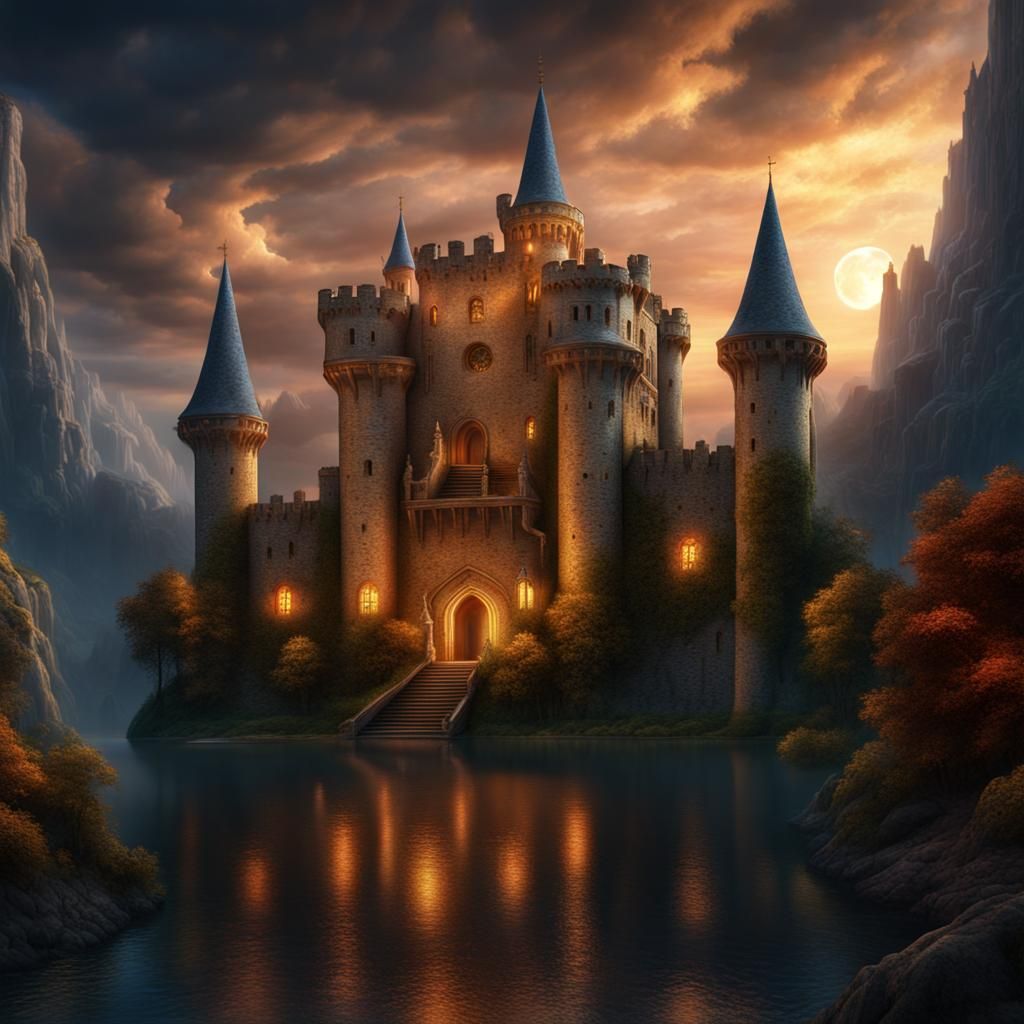 Dream castle overlooking the lake - AI Generated Artwork - NightCafe