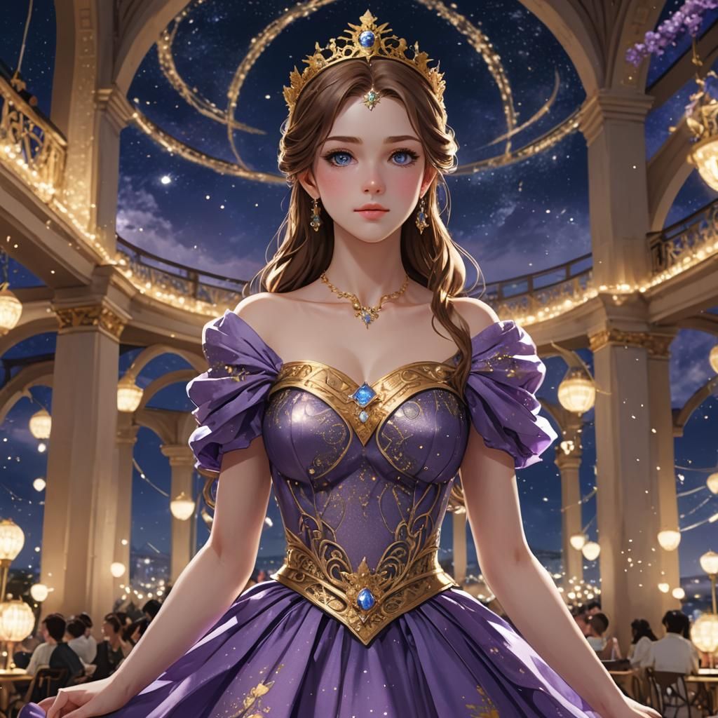 Anime Style Greek Goddess in Starry Ballroom