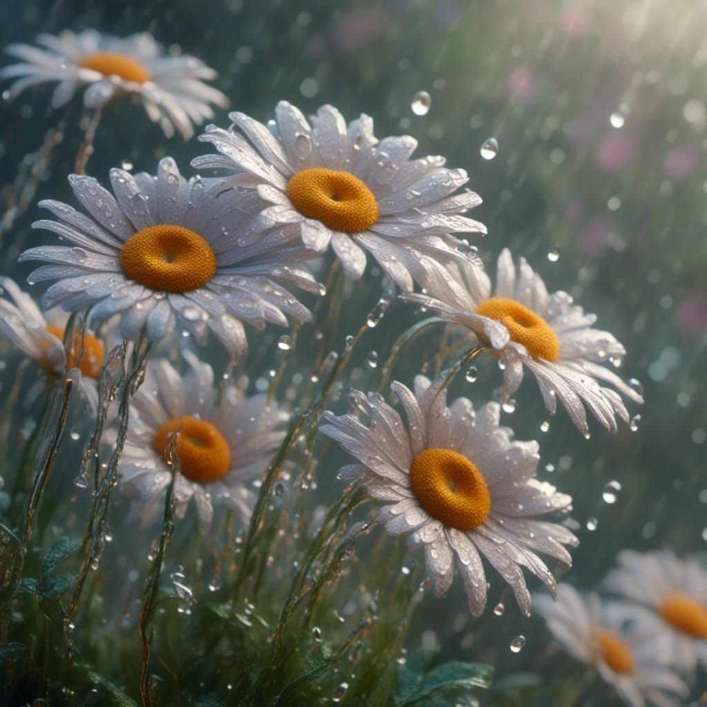 Dew-Covered Daisies in Misty Garden: Photorealistic Macro