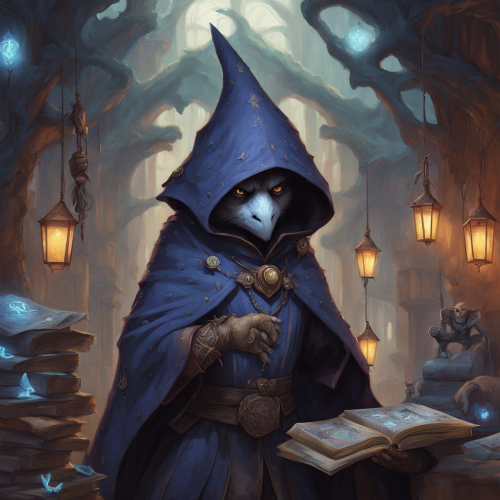  Scry is a Kenku, a black bird like humanoid based on Corvids such as crows and ravens. They are a rogue/bard multiclass character.
Scry is ...