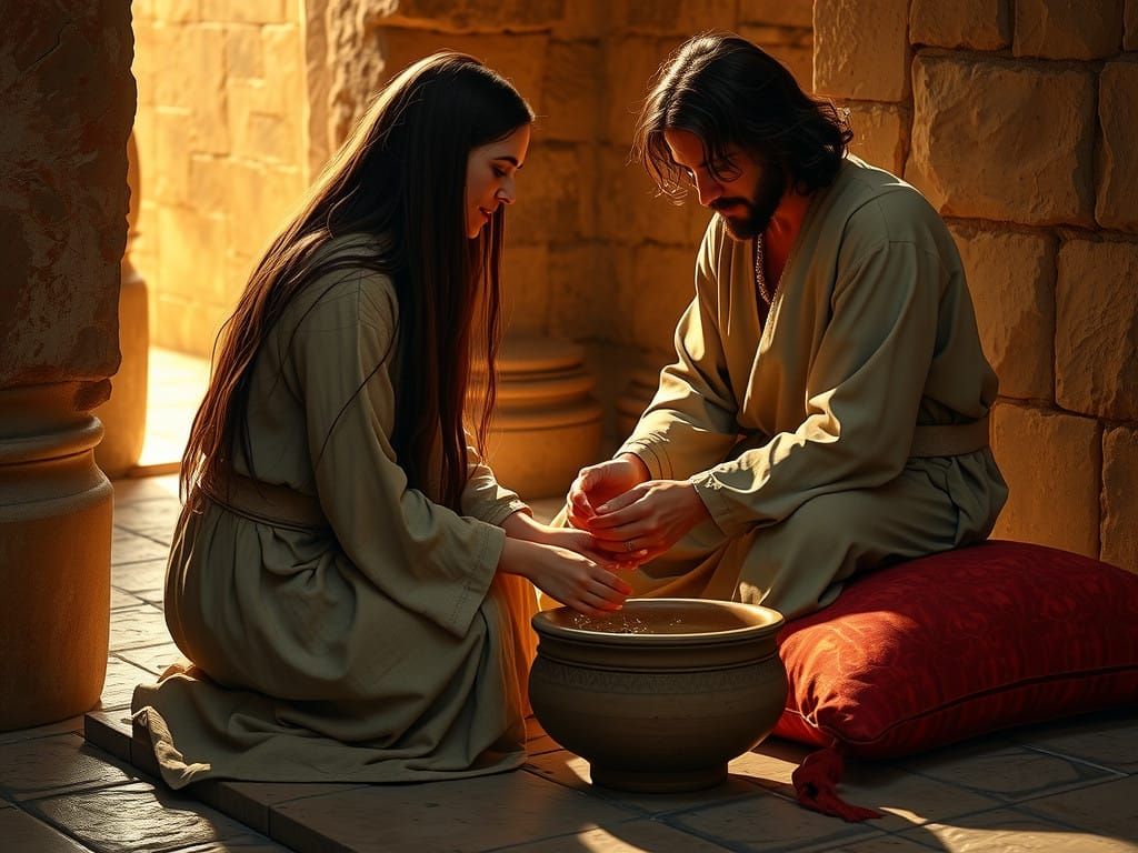 mary magdalene washing jesus' feet in ancient hebrew house.
jesus is seated on a cushion.
mary is kneeling before jesus. 
spikenard. 
mary h...