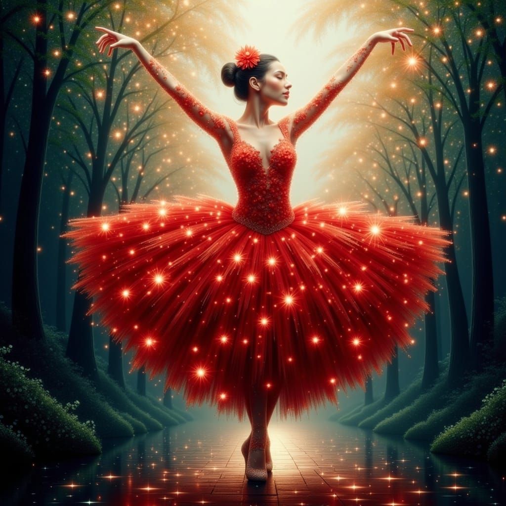 <lora:Magical Stars Flux:1.0> full body shot, by Miki Asai Macro photography, stunnningly beautiful ballerina with the ethereal tutu made ou...