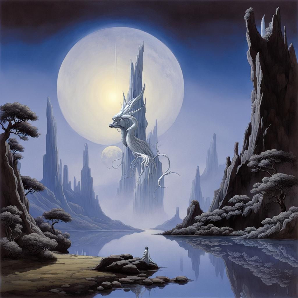 Relayer in stillness at night, silver mist, Wabi aesthetics, Roger Dean ...