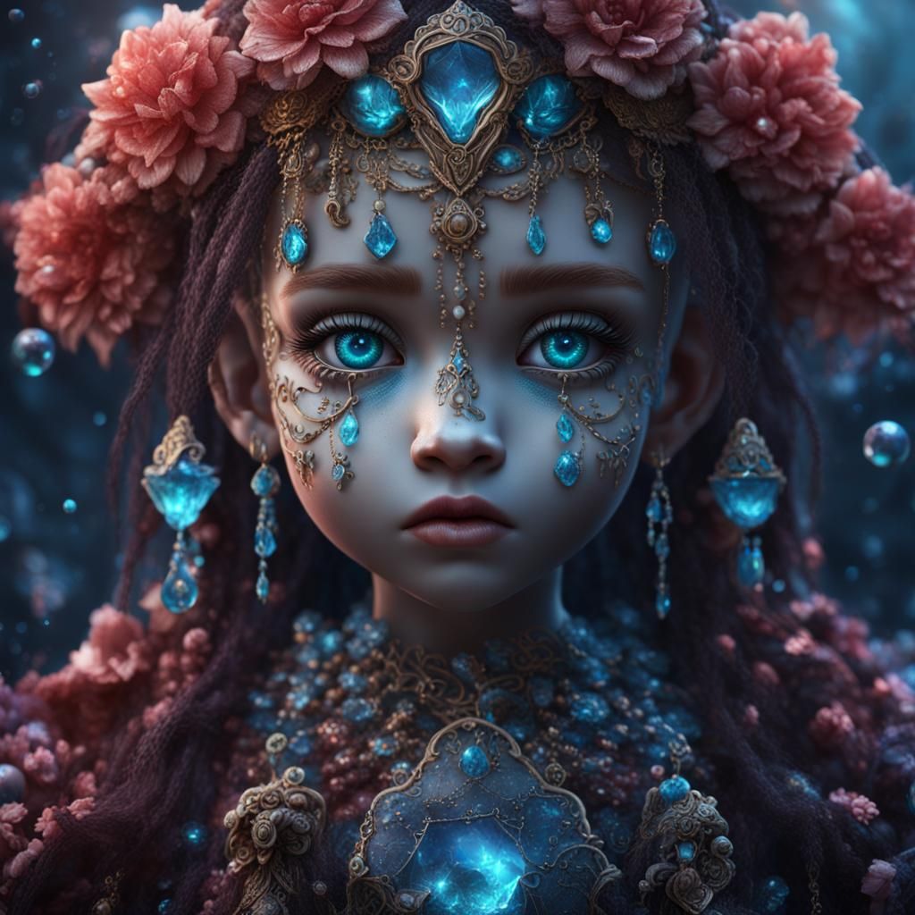 Crystalline Tears on Doll's Face in Detailed Matte Painting