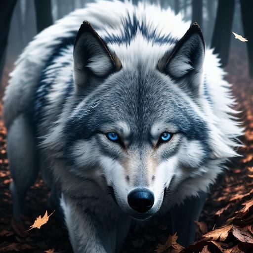  wolf   with  Blue  eyes  and white fur  pile of leaves