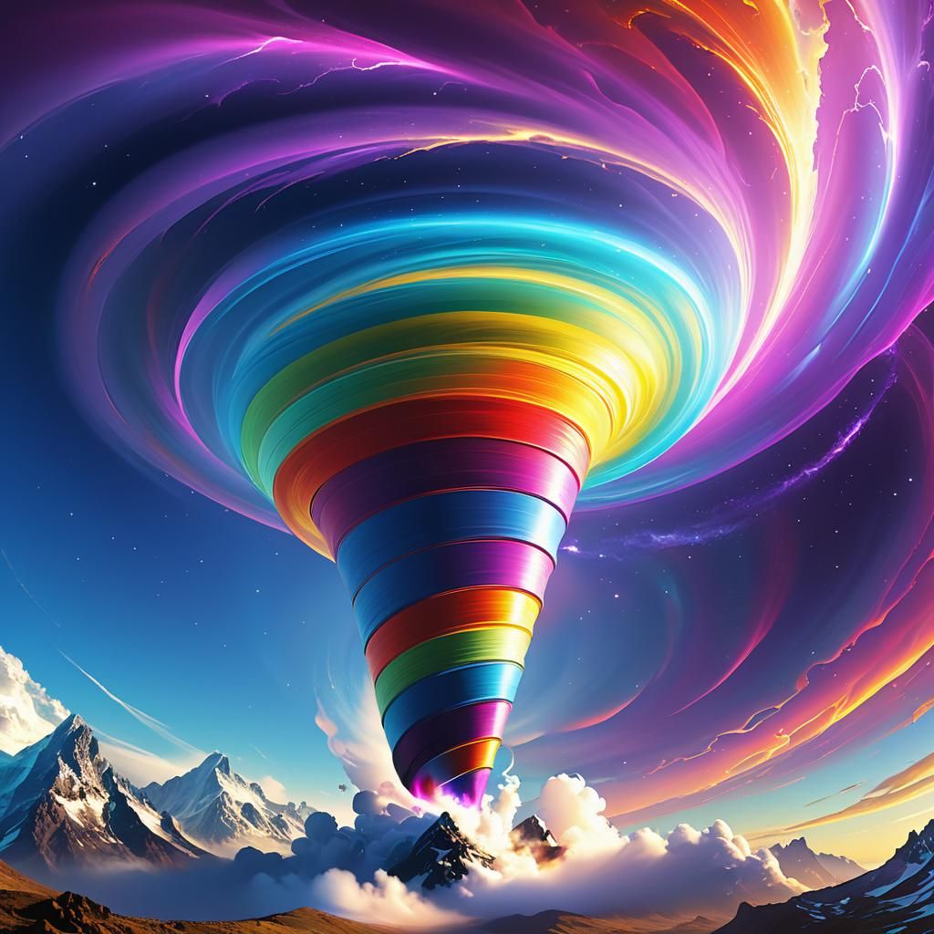 sky is a swirling with rainbow pastel colors, a trees swaying in the breeze, and river flowing through a valleys, a small village on a hill,...