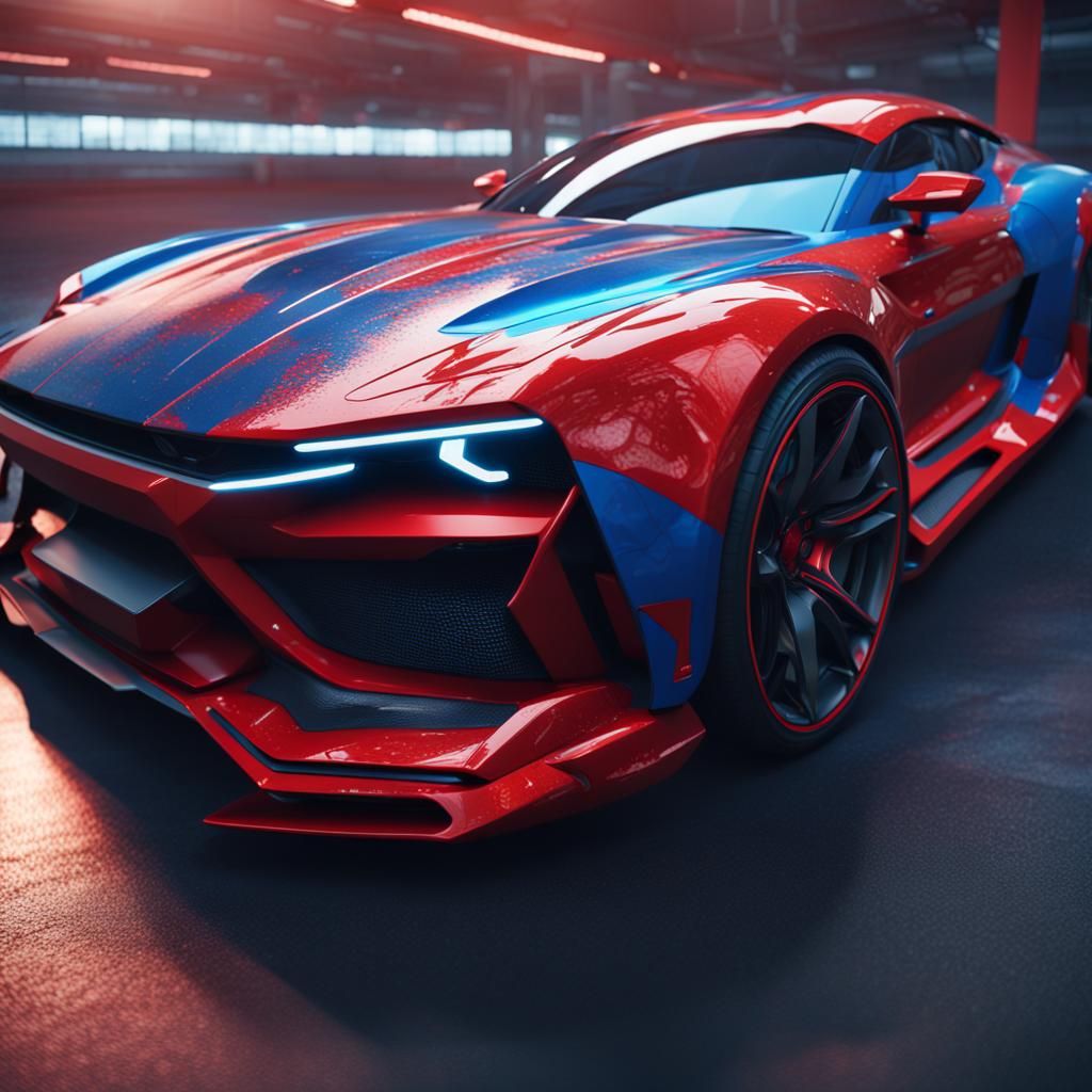 futuristic sports car with red paint and blue accents