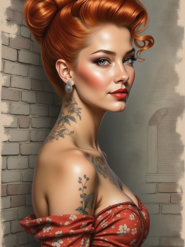 <lora:graphite:1.0> portrait Gorgeous tattooed pin up woman with stunning styled faded (tangerine:1.5) updo hair wearing attractive off shou...