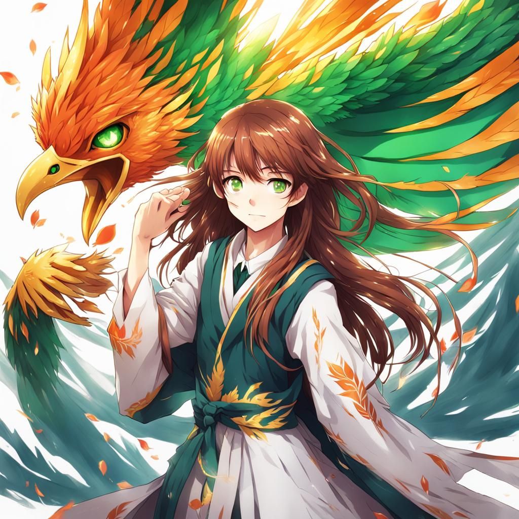 a Phoenix and human mix. the girl has brown hair and green e...