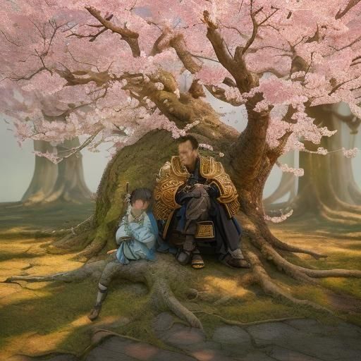 Samurai Resting Under Sakura Tree: Cel-Shaded Anime