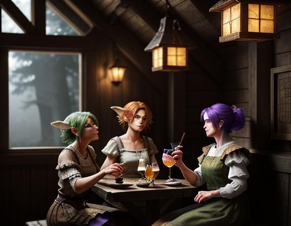 three female goblins drinking cocktails in a rustic tavern. ...
