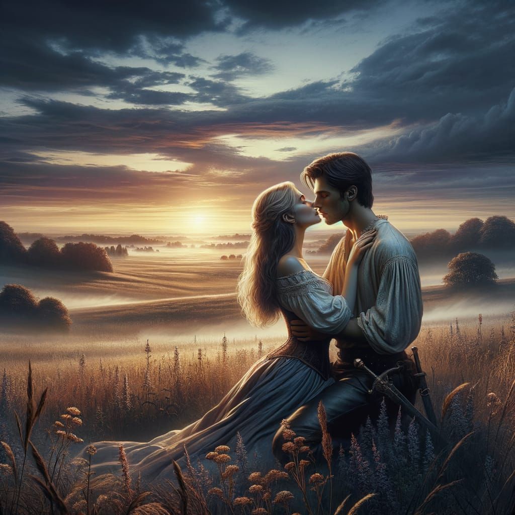 A brunette man and a blonde woman kissing with a field in the background and a tree line in the distance