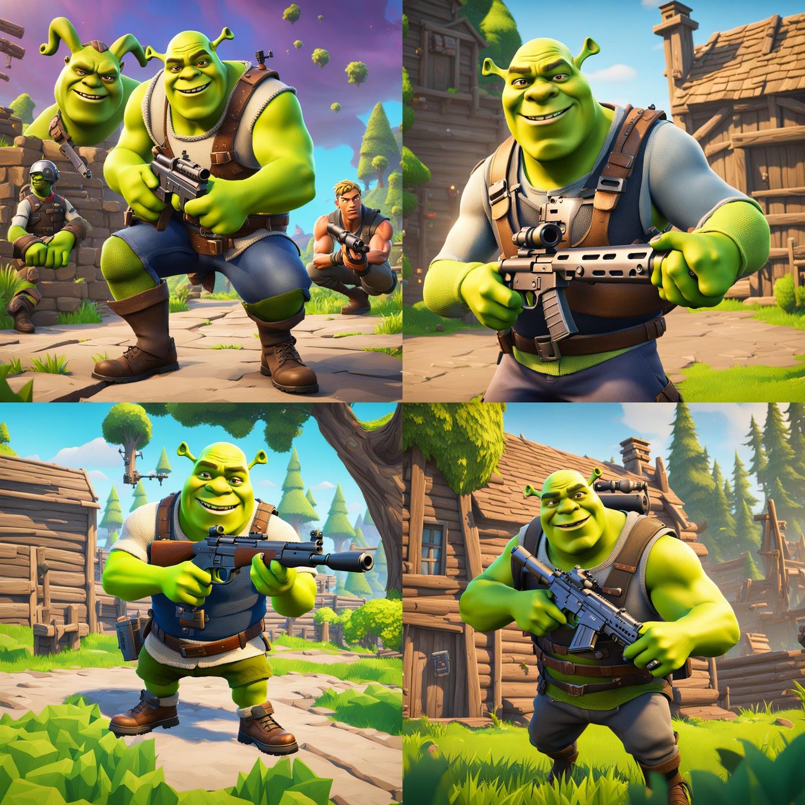shrek as a fortnite character shooting other players