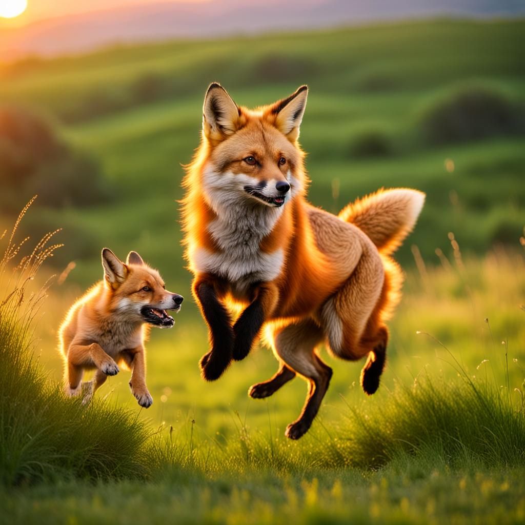 The Quick Red Fox jumps over the lazy brown dog, in a lush g...