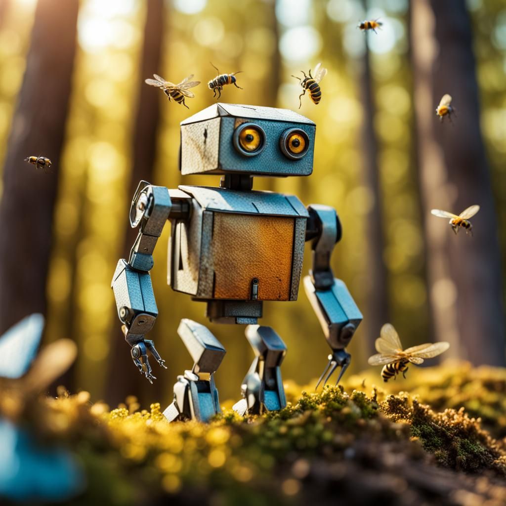 Miniature Robot in Forest, Papercraft Style