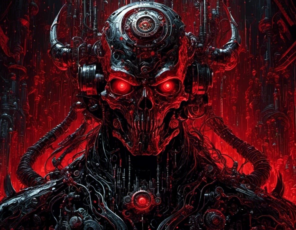 A cyborg god.  <lora:Style 1:1.0> Mechanical parts! Red eyes!! Sinister. professional photography : dramatic lighting : maximalist 16k intri...