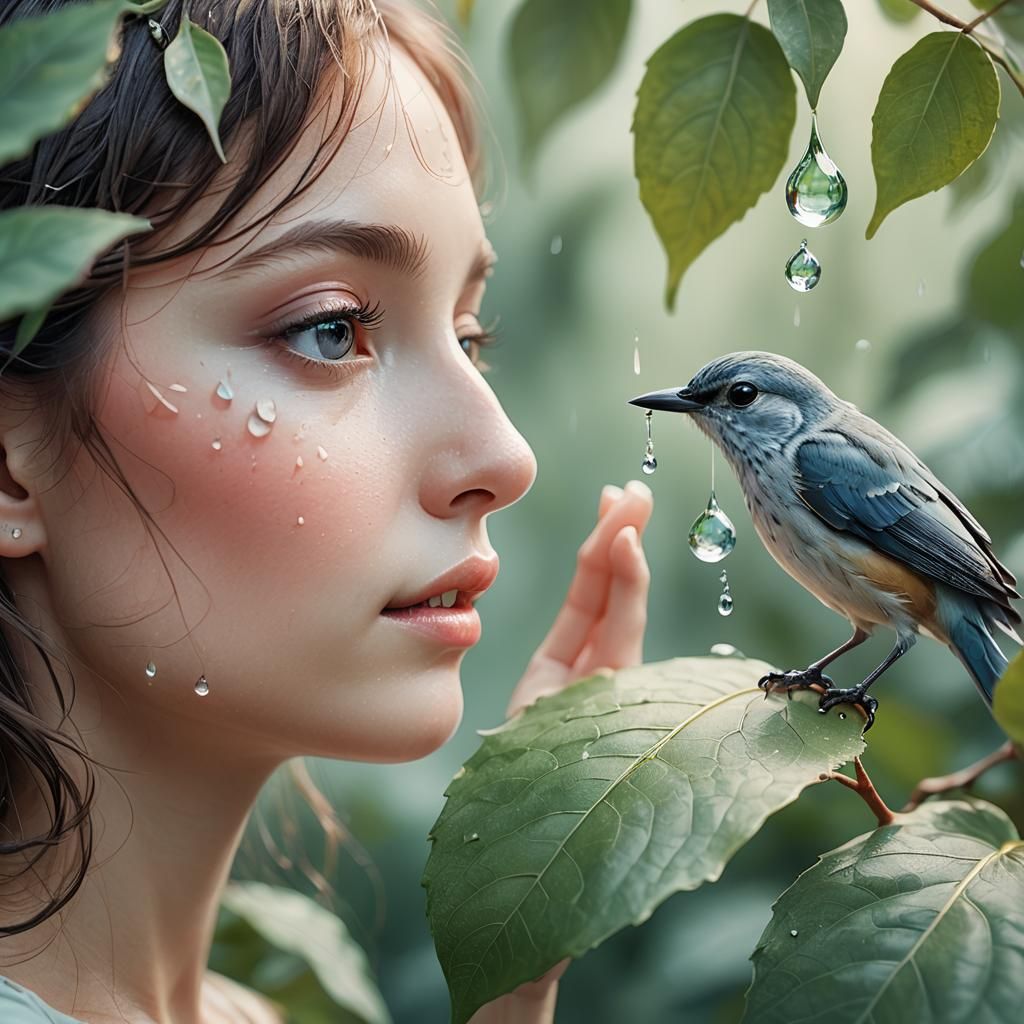 Whimsical Bird Whispering Illustration in Pastel Colors