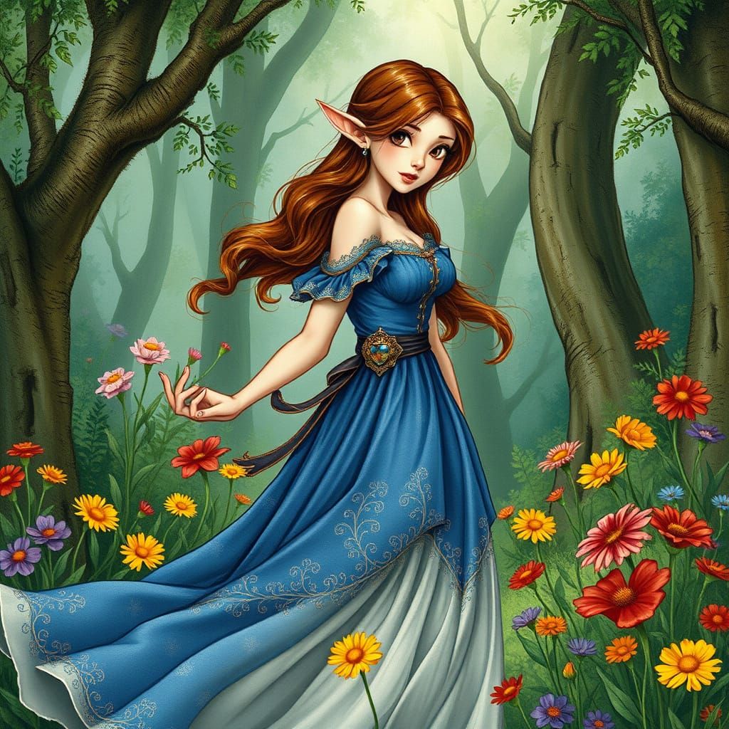 Belle in her blue villager dress as an elf maiden  by @nessa
