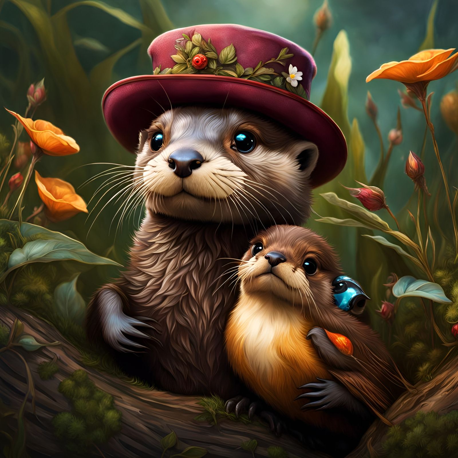 Beautiful Baby Otter with cute Robin